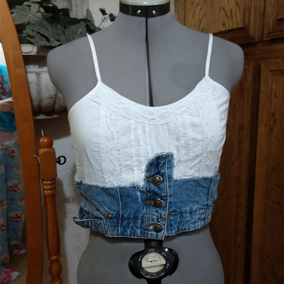 White cotton and denim crop top - Picture 1 of 5